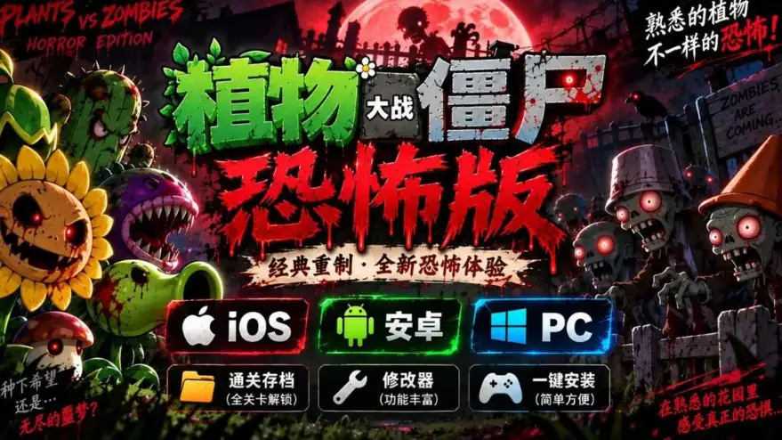 植物大战僵尸恐怖版主视觉，夜间暗黑墓地场景与发绿光的植物