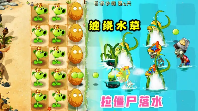 植物大战僵尸2巨浪沙滩关卡缠绕水草拉僵尸落水